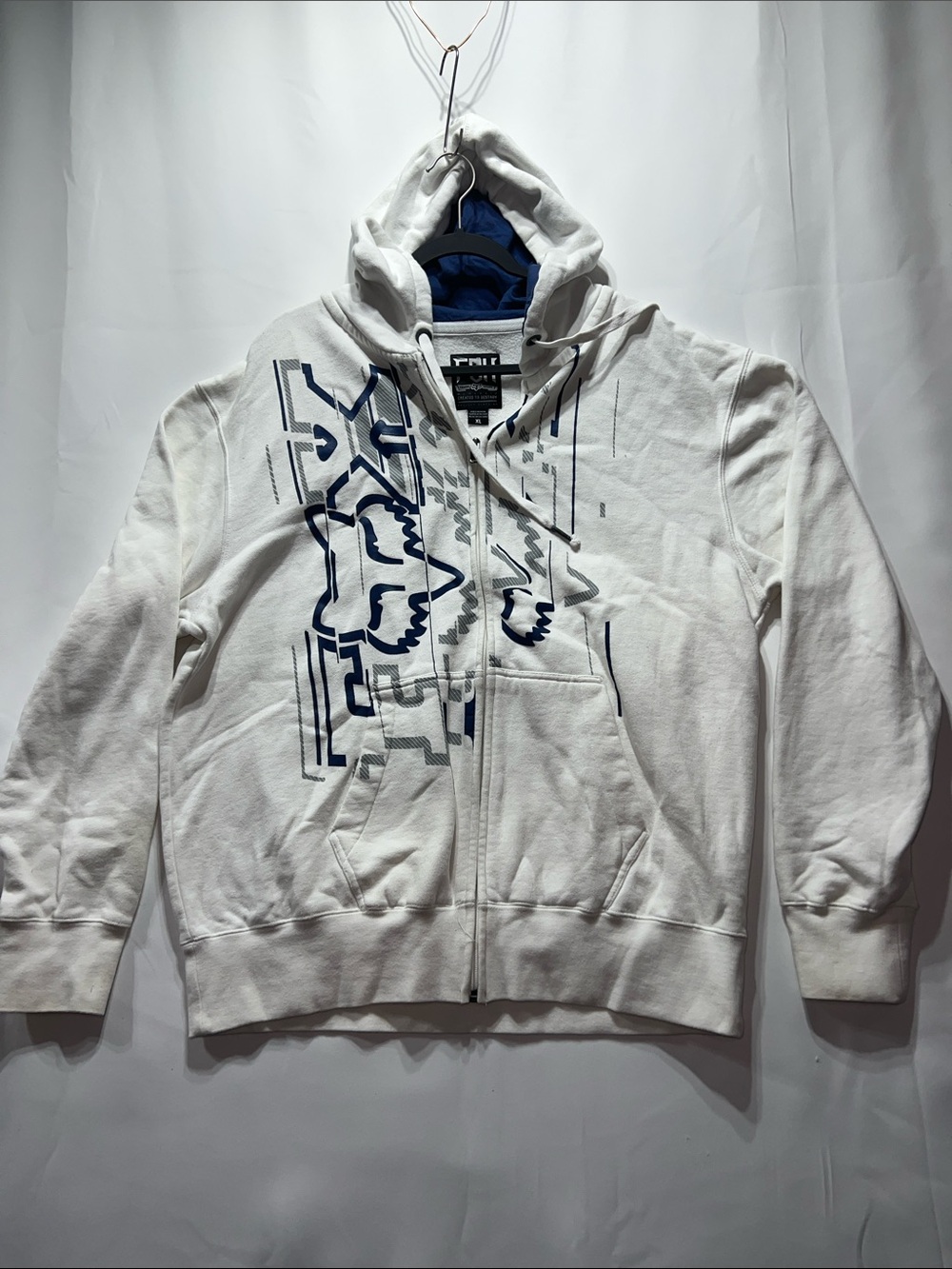 Men’s FOX racing White Zip-Up Hoodie with Navy Graphic and Hood